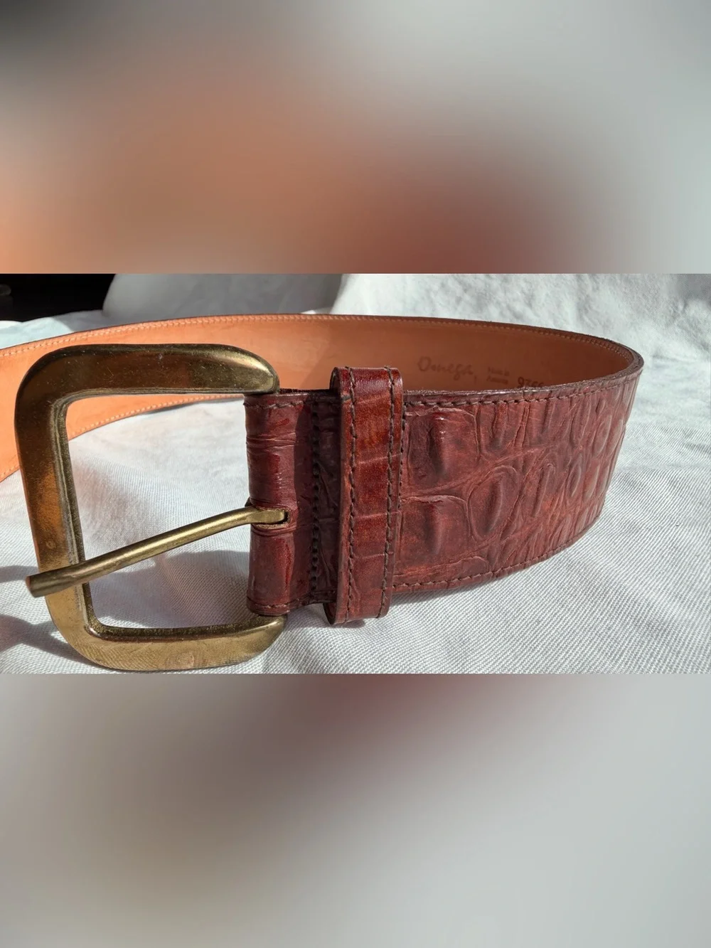 Vintage Waist Belt Brown Leather Crocodile Embossed by Omega Brass S